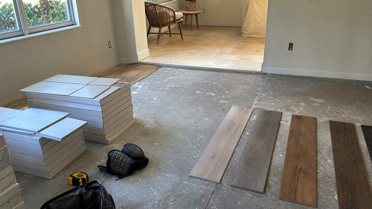 Tile and waterproof flooring samples prepared for a Brevard County flooring and tile project